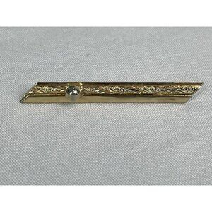 Vintage Bar Shaped Gold Tone Brooch 80s 90s Sphere Etched Floral Art Deco Style